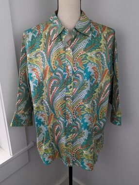 Lands' End No Iron Pinpoint Oxford Paisley Print Button-Up, 3/4 Sleeves, Sz 16W